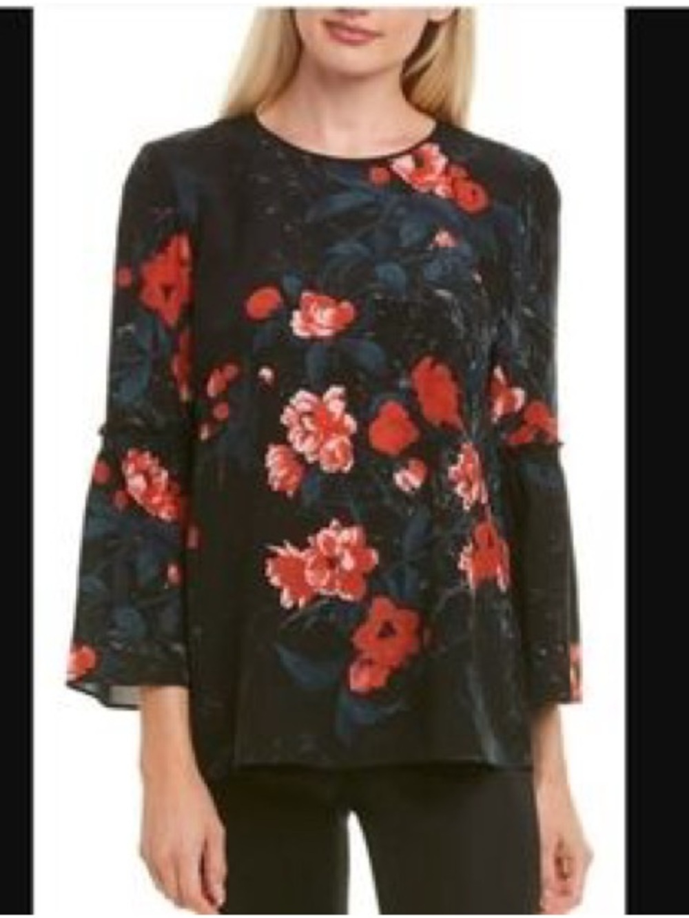 Lafayette 148 New York Silk Roslin Blouse Black Floral Bell Sleeve sz M Poppies